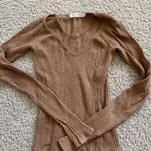 Brown Ribbed Long Sleeve Top